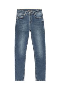 Kapeat farkut sinisestä denimistä, joissa on hienovarainen haalistuminen, klassinen viiden taskun malli sekä metallinen nappi ja vetoketjukiinnitys.