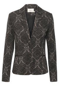 Černý a šedý vzorovaný blazer s klopami, dvěma knoflíky a bočními kapsami. Tkanina má texturovaný design podobný damasku.