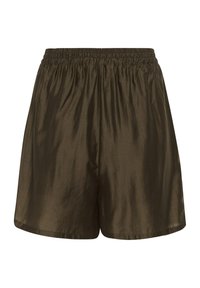 Shorts en satin marron foncé avec taille élastique, coupe ample et sans motifs ni ornements visibles.