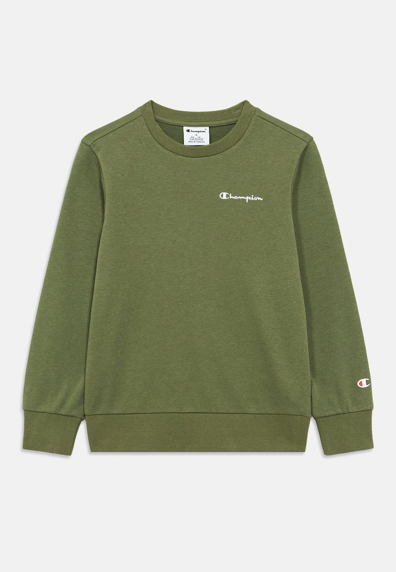 Μακρυμάνικο φούτερ σε ελιά πράσινο με λευκό λογότυπο Champion στο στήθος και στο μανσέτα του αριστερού μανικιού, με ριμπ τελείωμα στη μέση και στα μανίκια.