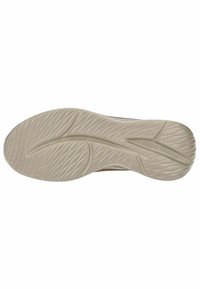 Skechers Sportschuh-Außensohle aus hellbeigem Gummi, ausgestattet mit einem strukturierten Grip-Muster mit Rillen und glatten Linien für Flexibilität.