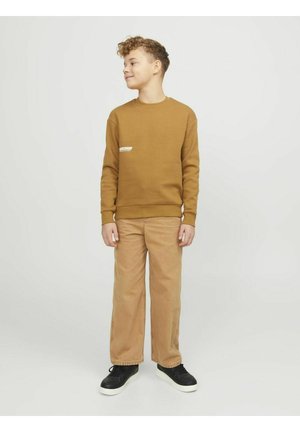 Un sweat-shirt marron avec un petit graphique blanc, associé à un pantalon large beige clair et des baskets noires, se tenant devant un fond blanc.