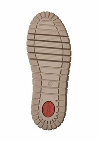 Sole in gomma di un leggero beige con motivo testurizzato, caratterizzato da impugnature segmentate e un logo rosso centrale per il comfort. Taglia contrassegnata come 37.