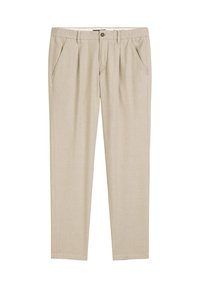 Pantalons beiges ajustés avec des plis frontaux, des poches latérales, des passants de ceinture et une fermeture à bouton.