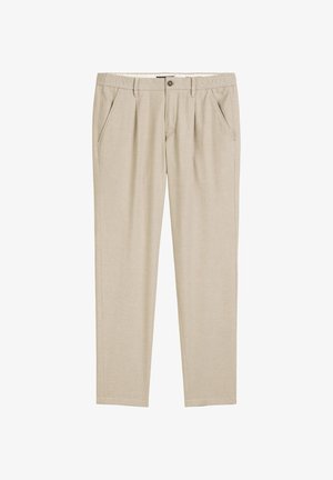 Beige op maat gemaakte trousers met voorplooien, zijzakken, ceintuurlussen en knoopsluiting.
