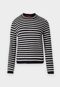 Maglione a righe bianco e nero, collo a giro, maniche lunghe, polsini e orlo a costine. Realizzato in tessuto morbido con righe orizzontali regolarmente spaziati.