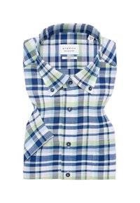 Camicia a quadri blu, verde e bianca con colletto button-down, maniche corte e etichetta Eterna. Tessuto in cotone con texture liscia.