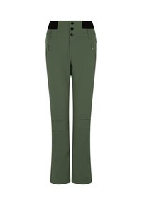 Groene outdoorbroek van rekbaar materiaal, met een hoge tailleband en zwarte accenten, drie knopen en twee ritszakken aan de zijkant.