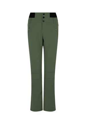 Groene outdoorbroek van rekbaar materiaal, met een hoge tailleband en zwarte accenten, drie knopen en twee ritszakken aan de zijkant.