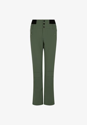 Grüne Outdoor-Hosen aus elastischem Material, mit einem hohen Bund und schwarzen Akzenten, drei Knöpfen und zwei seitlichen Reißverschlusstaschen.