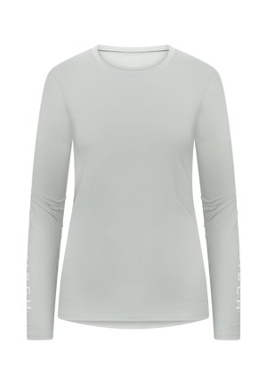 Helles graues Langarmshirt aus glattem, elastischem Stoff. Hat einen Rundhalsausschnitt und Textdruck entlang des linken Ärmels.