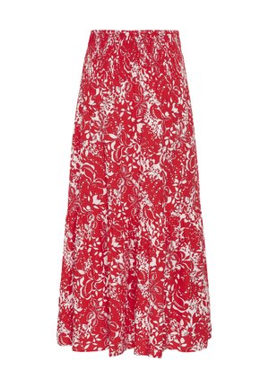 Punase ja valge lillemustriga midi seelik, millel on elastne kõrge vöökoht ja kihiline volangidega serv.