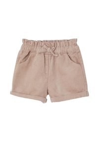 Light pink corduroy shorts with a ribbed texture, elastic waistband, adjustable drawstring, and two front pockets. Rolled hems.