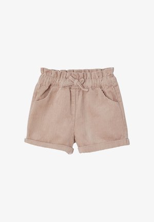 Helle rosa Cordshorts mit gerippter Textur, elastischem Bund, verstellbarem Kordelzug und zwei vorderen Taschen. Umschlagabschlüsse.