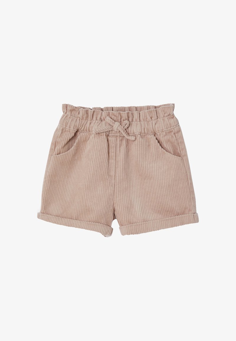 Light pink corduroy shorts with a ribbed texture, elastic waistband, adjustable drawstring, and two front pockets. Rolled hems.