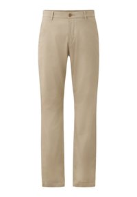 Beige chino pants with a straight leg design, features a button closure and subtle stitching details, made from smooth cotton fabric.