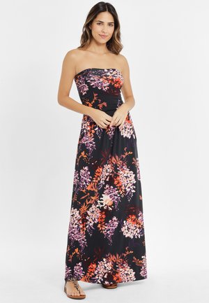 Schulterfreies Maxikleid in Schwarz mit einem auffälligen Blumenmuster in Lila, Rot und Weiß. Hergestellt aus leichtem Stoff mit einem figurschmeichelnden Oberteil.