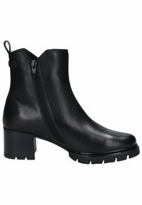Bottine en cuir noir avec une fermeture éclair latérale, bout arrondi et talon bloc ; dotée d'une semelle texturée pour l'adhérence et d'un design élégant.