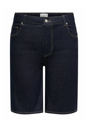 Donkerblauwe denim korte broek tot aan de knie met voorzakken, riemlussen en een metalen knoopsluiting.