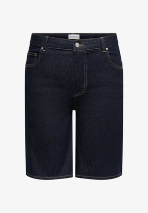 Ciemnoniebieskie krótkie spodenki dżinsowe do kolan z przednimi kieszeniami, szlufkami na pasek i metalowym zapięciem na guziki.