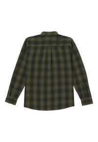 Grøn- og sortternet langærmet skjorte med button-down krave og manchetter, der har en plisse-detalje på bagsiden.