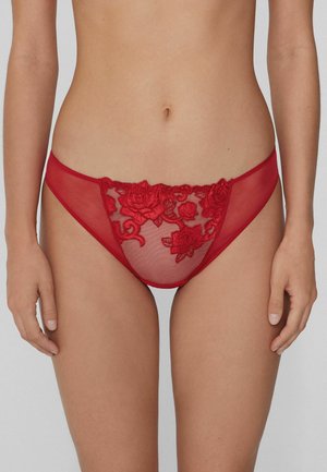 Rote transparente lingerie mit aufwendiger Rosenstickerei auf der Vorderseite, weichem Material und einem tief sitzenden Design. Einsätze an den Seiten.