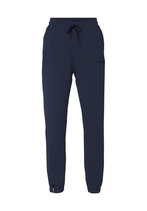 Navyblauwe sweatpants gemaakt van zachte stof, met een elastische tailleband met trekkoord, zijzakken en smalle boorden bij de enkels.