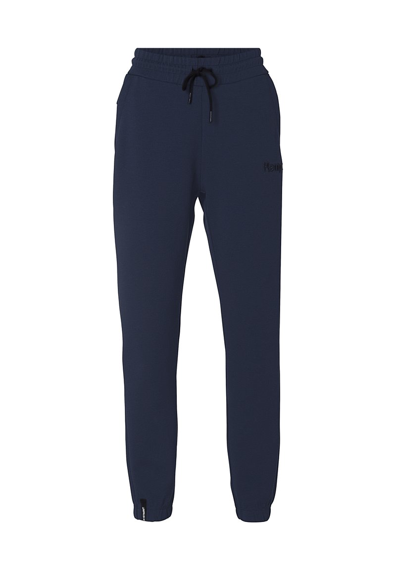 Navyblauwe sweatpants gemaakt van zachte stof, met een elastische tailleband met trekkoord, zijzakken en smalle boorden bij de enkels.