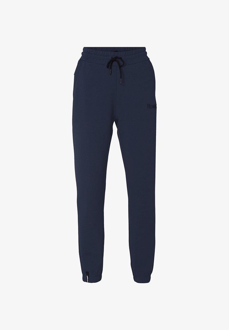 Pantalones de chándal azul marino, fabricados en un tejido suave, con cinturilla elástica y cordón, bolsillos laterales y puños ajustados en los tobillos.