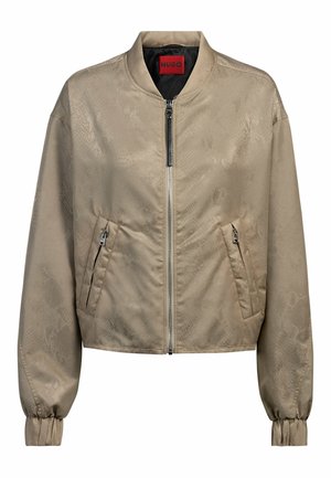 Beige bomber jacket with a subtle snake print, front zip closure, side pockets, and elastic cuffs. Material appears smooth with a slight sheen.