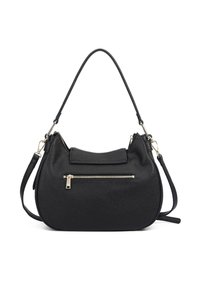 Borsa a tracolla in pelle nera con finitura testurizzata, forma curva, tracolla regolabile e tasca frontale con zip e dettagli in metallo dorato.