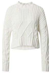 Weißer kurzer Pullover mit geripptem Ausschnitt und Ärmelbündchen. Verfügt über unterschiedliche Zopfstrickmuster an Ärmeln und Körper für Struktur und Details.