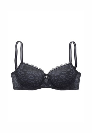 Black lace bra with floral pattern, padded cups, scalloped edges, and satin straps. Center features a decorative bow with a rhinestone accent.