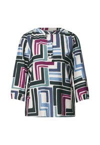 Blusa multicolorida con patrones geométricos en verde, azul y púrpura. Presenta un cuello redondo, detalle de botones y mangas de 3/4. Textura suave.