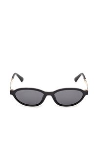 Lunettes de soleil ovales noires avec verres foncés et branches fines ornées d'accents dorés sur fond blanc.