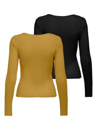 Deux hauts moulants à manches longues côtelés, l'un jaune moutarde et l'autre noir, vus de dos sur un fond blanc uni.