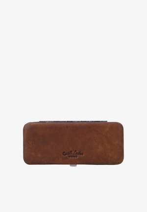 Brown rectangular leather case with rounded edges and black embossed "Gusti Leder studio" logo on front.