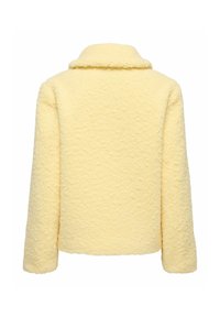 Fuzzy yellow jacket with a textured fabric, a collar, and long sleeves. The back view features a simple, modern design.
