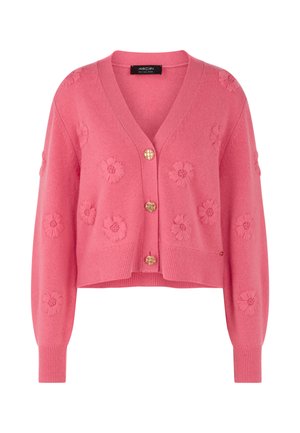 Rosa gestrickte Strickjacke mit V-Ausschnitt, reliefartigen Blumenmustern, goldenen Knöpfen sowie gerippten Bündchen und Saum.