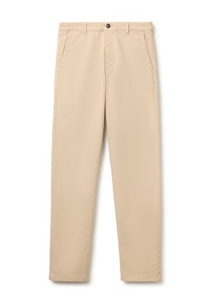 Beige rechte broek met knoopsluiting, riemlussen en zijzakken, afgebeeld op een witte achtergrond.