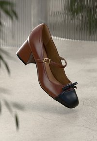 Chaussures à talons hauts en cuir marron et noir avec un bout arrondi, une bride avec une boucle dorée et un nœud décoratif à l'avant.