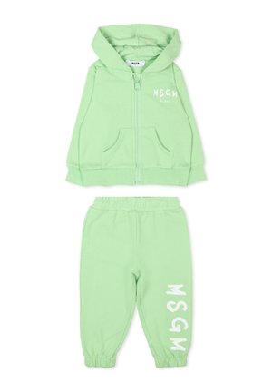 Jasnozielony dres dla malucha z kapturem, rozpinaną bluzą na zamek i spodniami z elastycznym pasem, oba z białym logo MSGM Milano.