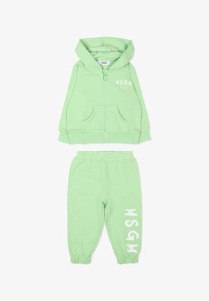 Jasnozielony dres dla malucha z kapturem, rozpinaną bluzą na zamek i spodniami z elastycznym pasem, oba z białym logo MSGM Milano.