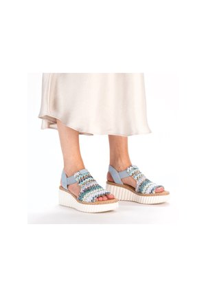 Wedge sandals with a textured multicolor woven upper, light blue straps, and a white ridged sole. Suitable for casual wear.