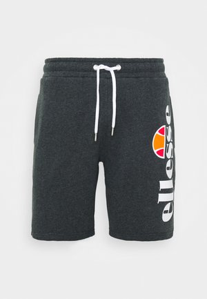 Gray cotton shorts with a drawstring waist, featuring a large white logo and a multicolored logo accent on the left side.