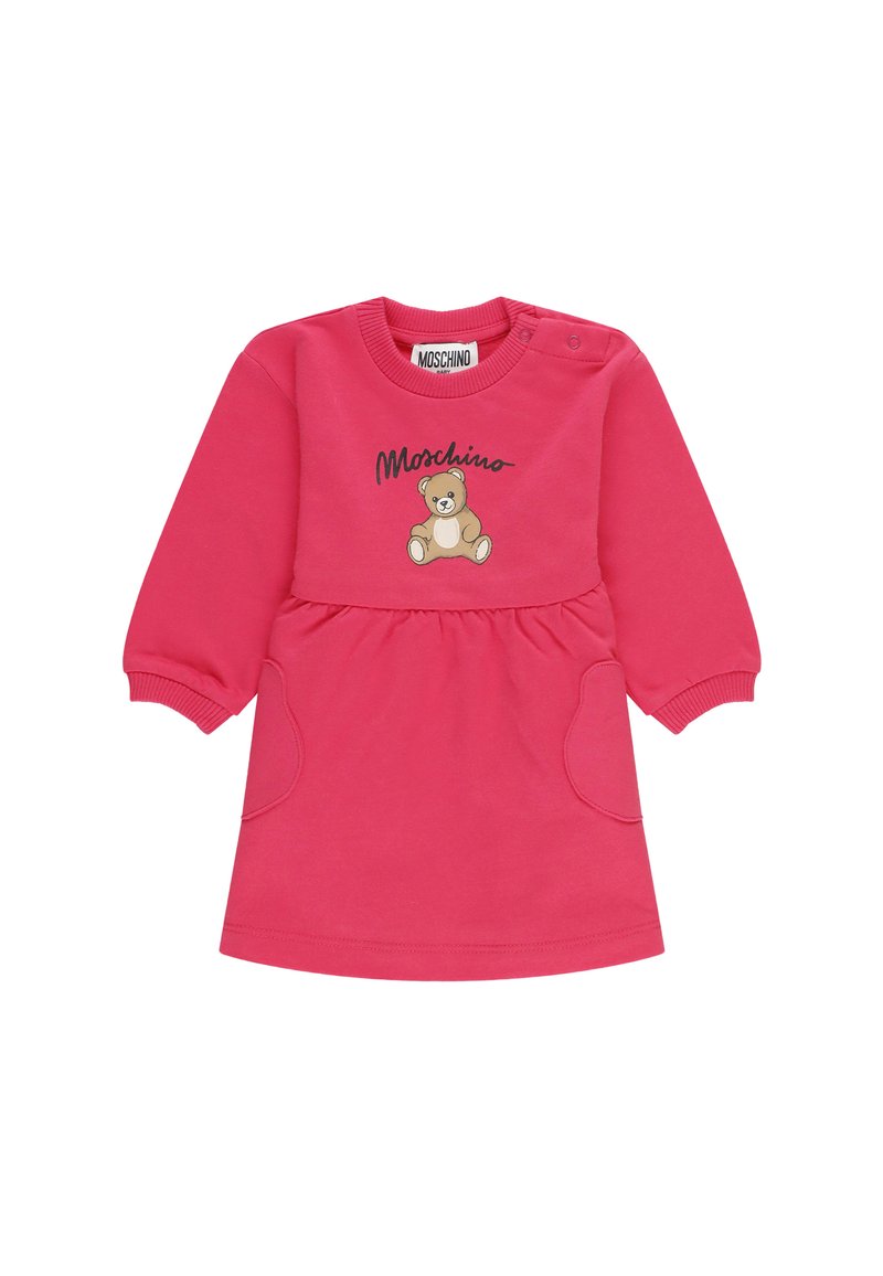 Abito lungo a manica rosa acceso per neonate con grafica di orsetto e testo "Moschino" sul davanti, polsini a coste e tasche laterali.