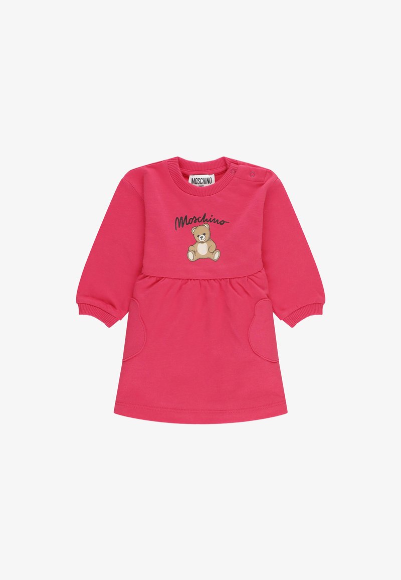 Helles pinkes Baby-Kleid mit langen Ärmeln, Teddy-Bären-Grafik und "Moschino"-Text auf der Vorderseite, gerippten Bündchen und seitlichen Taschen.
