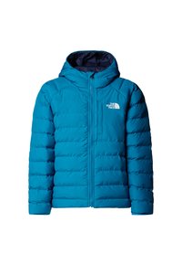 Kék bélelt dzseki cipzárral elöl, kapucnival és varrott pepita mintával. Kis fehér logó látható a bal mellrészen.