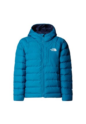 Blå isolerad jacka med dragkedja framtill, huva och sydda dunfickor. Har en liten vit logotyp på vänstra bröstområdet.