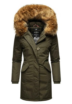 Olivgrön parka med huva av konstig päls, knäppning med knappar och två sidofickor. Har ribbade ärmslut och ett mönstrat innerfoder.